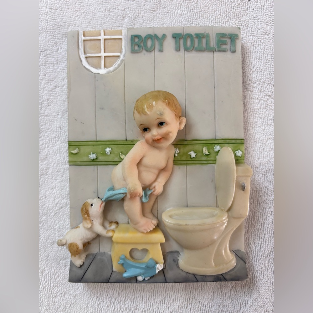 Vintage Wall Plaque Kids in the Bathroom Baby Boy Toilet Funny 3D Decor Art Boho